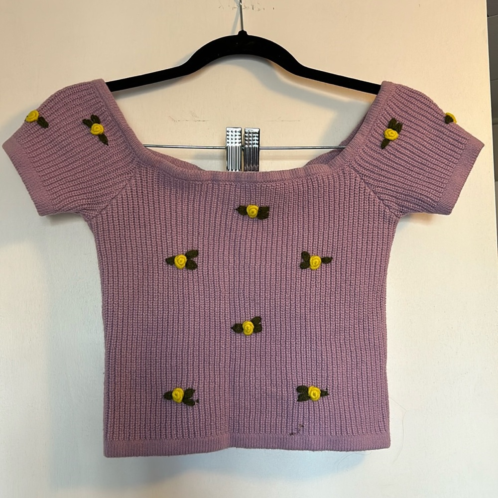 Lilac Off the Shoulder Cropped Sweater with Embroidered Flowers